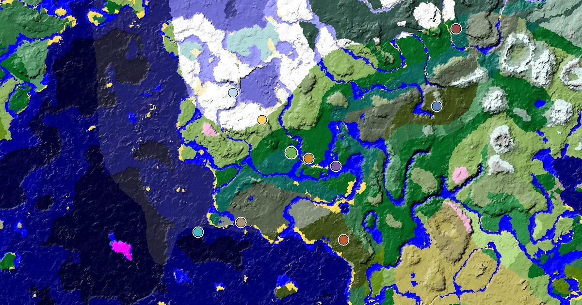 Taiga Spawn — a Mansion Within Reach — biome and structure map around spawn